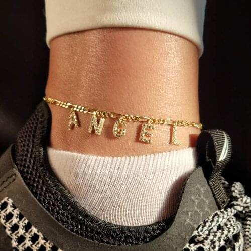 Custom Name Anklet 6mm Stone Letter Charm Personalized Figaro Chain Customized Ankle Bracelet for Women Girls Customized Anklet