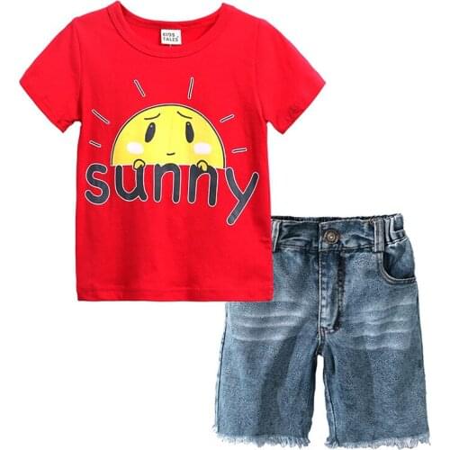 1-7Y Fashion Kids Baby Boys Clothes Sets Cartoon Print Striped Short Sleeve Pullover T Shirts Tops Denim Shorts