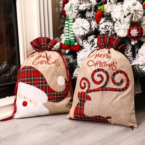 Christmas Candy Gift Big Bag Cute Christmas Linen Tote Bag Lattice Side Drawstring Pocket Gift for Children