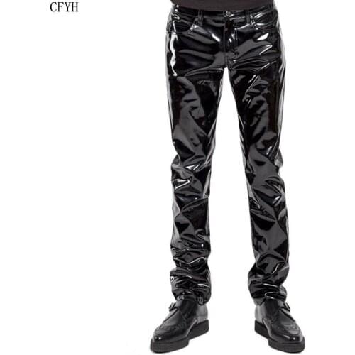 Sexy PVC Shiny Pencil Pants Jeans Tight PU Glossy Punk Stage Pencil Pants Gay Mens Wear Erotic Lingerie