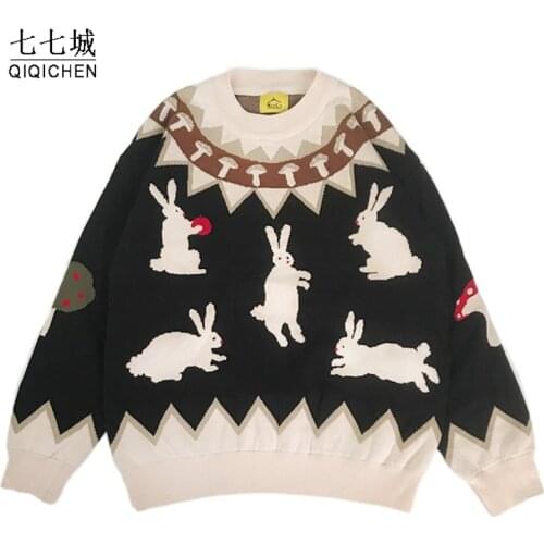 Winter Vintage Knitted Sweater Men Cartoon Cat Pullover Jumper Streetwear Hip Hop O-neck Loose Knitwear Sweater Tops Unisex