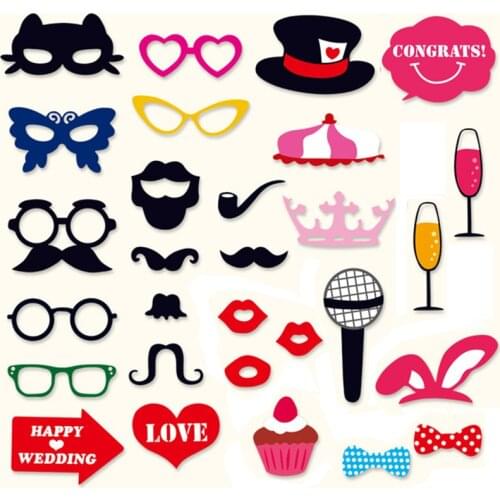 29pcs Wedding Photo Booth Props Funny Crown Tie DIY Lips Mask Glasses Mustache Lip On A Stick Wedding Birthday Party Supplies