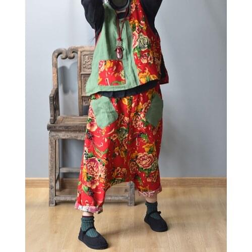 Women Spring Summer Elastic Waist Patchwork Chinese Style Pants Ladies Vintage Harem Pants Female Spliced Plus Size Trousers