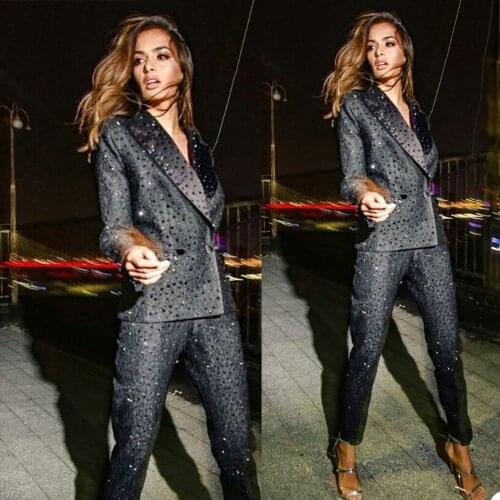 Peaked Lapel Women Suits Double Breasted Custom Made Beaded Shine Blazer Red Carpet Celebrity Party Prom Pants Jacket 2 Pieces