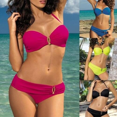 Women Sexy 2 Piece Bikini Set Halter Backless U-Clip Solid Color Underwire Padded Swimsuit Low Waist Ruched Thong Bathing