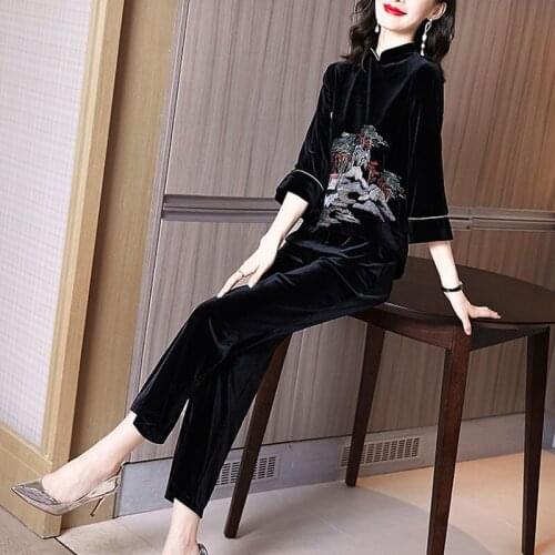 Good Quality Womens New Fashion Casual Retro Gold Velvet Blouse Wide Leg Pants Two-piece Suit