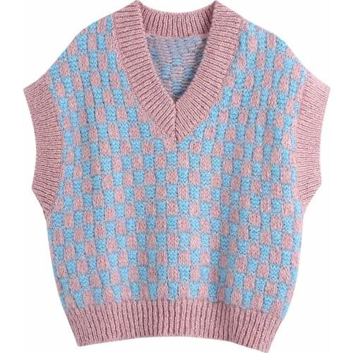 ZA Women 2021 Fashion Color Matching Knitted Vest Sweater Vintage Sleeveless Side Vents Female Waistcoat Chic Tops