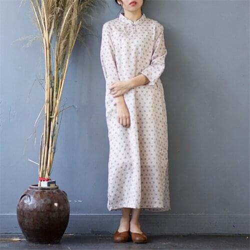 SCUWLINEN 2020 Vestidos Women Spring Summer Dress Vintage Chinese Style Elegant Print Side Split A-line 100% Ramie Dress S509