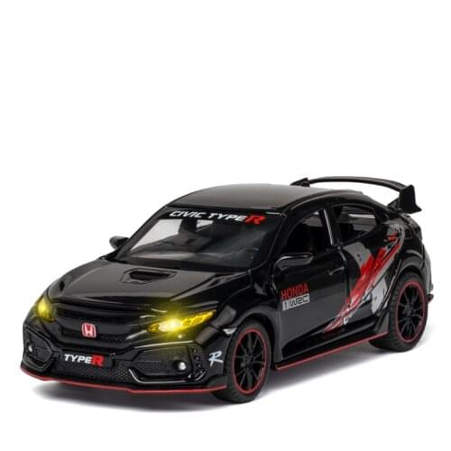 1: 32 Simulation Civic Type-R Alloy Car Model Ornament With Sound And Light Children Boy Birthday Christmas New Year Gift Black