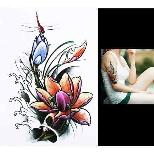 1 Piece Women Men Body Art Temporary Tattoo HB314 Dragonfly Lotus Flower Style Design Sleeve Tattoo Sticker Birthdays Day Gifts