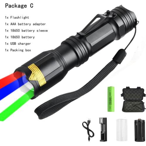 4in1 Tactical Zoomable LED Flashlight Red/Green/Blue/White light Torch Outdoor FLight Waterproof with 18650 Battery Charger