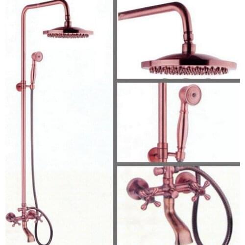 Antique Red Copper Two Cross Handles Wall Mounted Bathroom Rain Rainfall Shower Handshower Faucet Set Bathtub Mixer Tap arg015