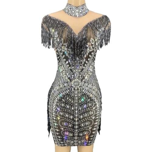 Sparkly Rhinestone Fringe Mesh Short Black Dress Women Birthday Celebrate Prom Party Dress Stage Wear Wedding Evening Outfit