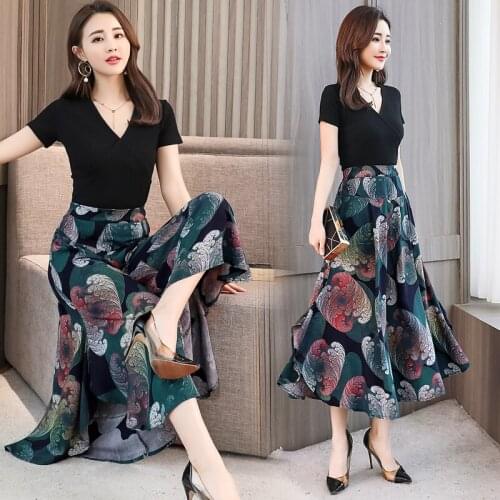 Print Wide leg Pants Women Elastic waist Skirt Pants Bohemian Loose Trousers Plus Size 4XL cotton ankle length Pants Vintage B22