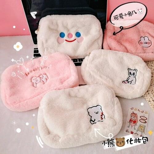 Embroidery Plush Bear Dog Pencil Case Bag Girls Cosmetic Storage Bag Soft Makeup Toiletry Organizer Pouch Women Clutch Handbag