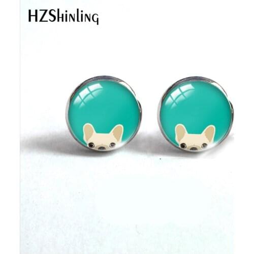 HZSHINLING Colorful Glass Stud Earrings Dog French Bulldog Art Picture round Glass for women handmade Crafts Gifts