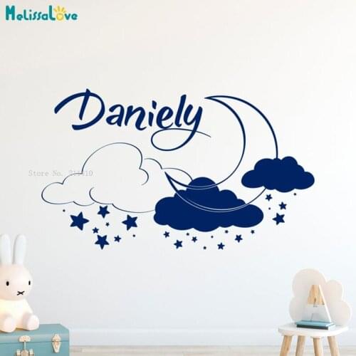 Kids Boys and Girls Custom Name Wall Stickers Moon Cloud Decal Baby Room Stars Decor Vinyl Nursery Murals Removable YT5866
