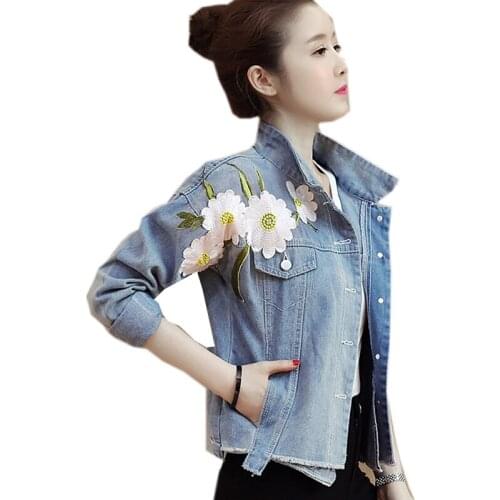 Denim jackets female 2020 spring new Korean womens POLO collar embroidery casual loose bf student long-sleeved denim Tops
