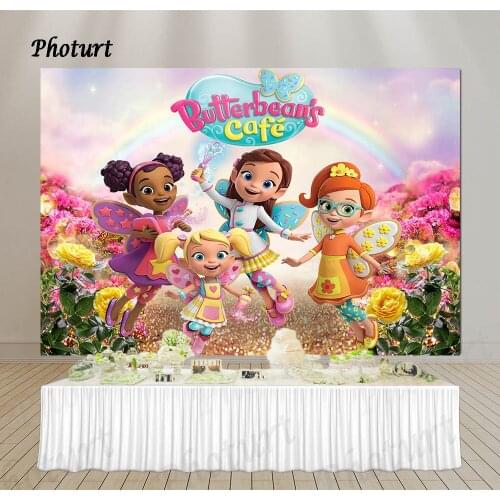 PHOTURT Butterbean Cafe Backdrop Girl Birthday Party Background Butterflies Elves Flower Polyester Vinyl Photo Studios Props