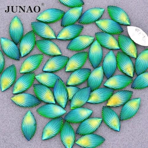 JUNAO 200Pcs 7*15mm Green AB Shell Crystal Rhinestone Applique Flat Back Horse Eye Resin Crystal Stones Non Sewn Strass