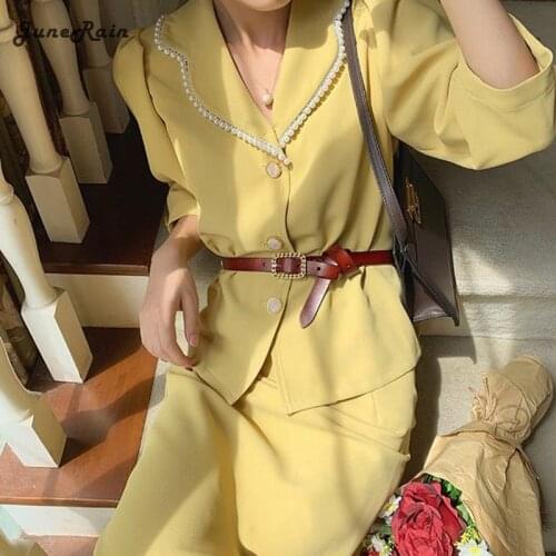 JuneRain French Style Vintage 2 Piece Sets Vintage Women Suit Pearl Notched Sashes Blazer+ Skirt Elegant Office Lady Chic Suits