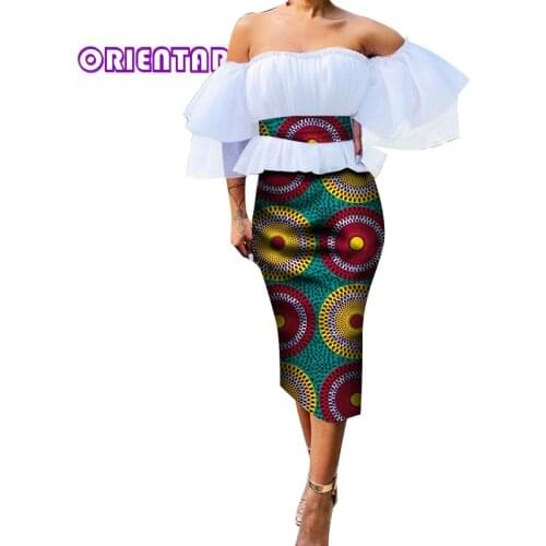 Summer Fashion African Skirts Set Women Off Shoulder Crop Tops and Skirt African Wax Print Bazin Riche African Clothes WY7142