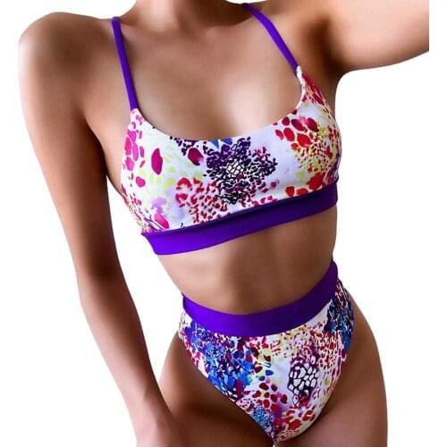 Womens Fashion Graffiti Printing Bikini Suit Crop Tank Tops with High Waisted Bottom Color Blocking 2Pcs Swimsuit