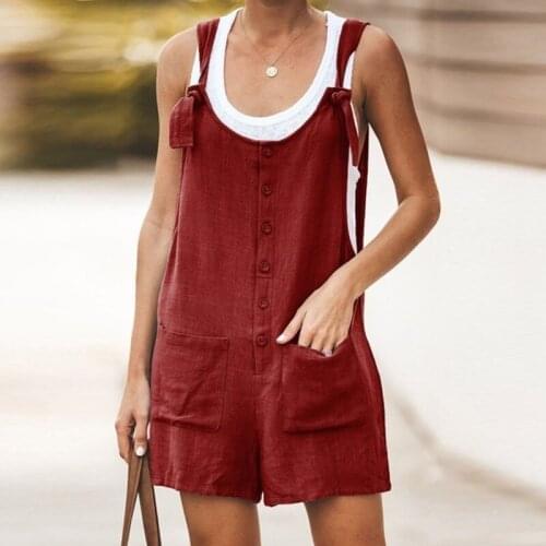 Summer Plus Size Casual Women Rompers Sleeveless Backless Lace Up Playsuits Ladies Tank Jumpsuits Buttons Pocket Loose Overalls