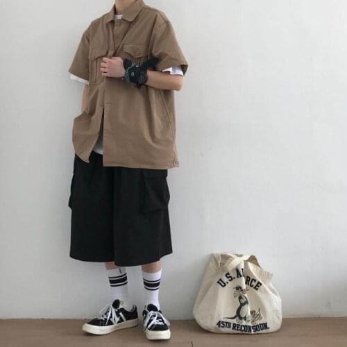 Summer Japanese retro wild tooling style short-sleeved shirt male student Korean version of the trend loose jacket couple shirt