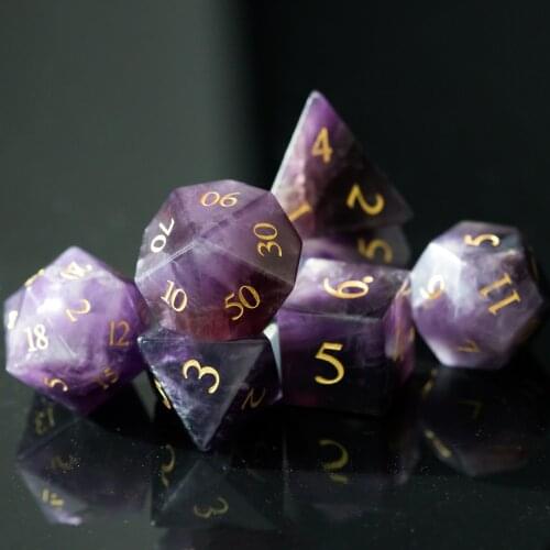 Cusdie Set of 7 Handmade Amethyst Dice, 16mm Polyhedral Stone Dice Set with Leather Box, DND Dices for Collection