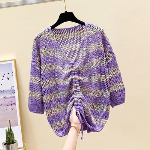 2020 new autumn clothing loose V-neck hollow out middle sleeve drawstring foreign style top Knitted Blouse thin