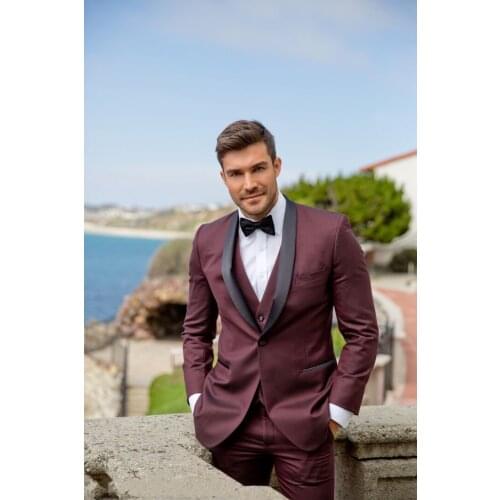 New Style Burgundy Groom Tuxedos Shawl Lapel Groomsmen Best Man Mens Wedding Suit (Jacket+Pants+Vest+Tie) W:192