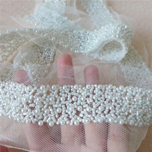 Ivory Pearl Beaded Lace Ribbon Trim Netting Lace Fabric Mesh Fabric Beading Trim For Jewelry Headpiece, Costume, Sash Belt