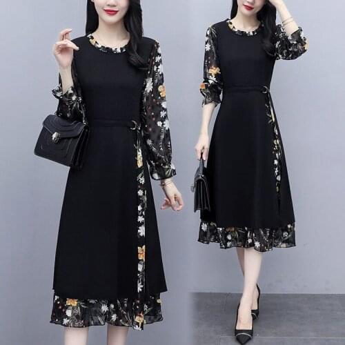 Fashion Dress Women 2021 New Spring and Autumn Ladies Long Sleeve Patchwork Temperament Elegant Floral Dress For Office zh041
