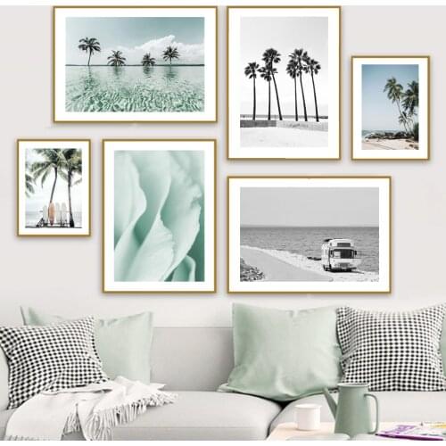 Beach Boat Palm Tree Plant Leaf Sea Waves Wall Art Canvas Painting Posters And Prints Living Room Decoration Nordic Style Decor
