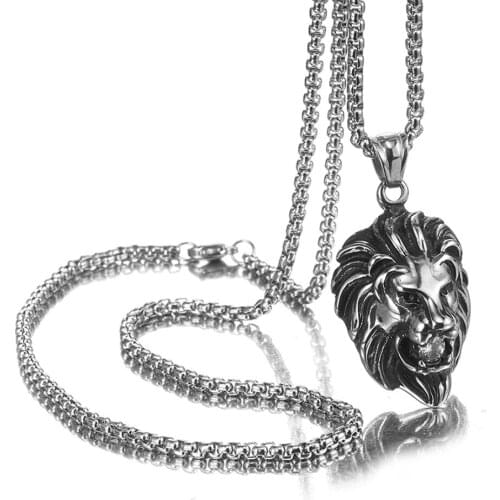 Holiday Gifts Jewelry Vintage Silver Color Stainless Steel Gothic Biker Lion Head White Crystal Pendant Necklace 24" Rope Chain
