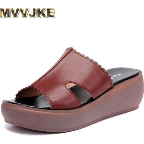 MVVJKE women slippers summer casual shoes genuine leather wedge platform slippers women high heel sandals slides