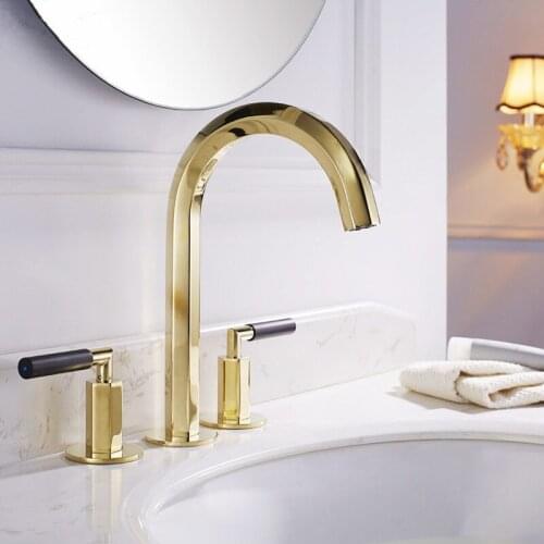 All copper gold three hole double handle mixing basin faucet under all copper platform three piece set