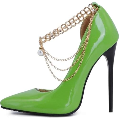 2021 Fashion High Heels Pumps Shoes Woman Chain Straps Green Red Yellow Womens Heels Party Office Wedding Shoes Large Size 45