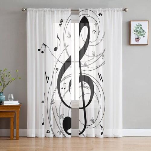 Musical Note Black White Tulle Curtains for Living Room Bedroom Decor Chiffon Sheer Voile Kitchen Window Curtain