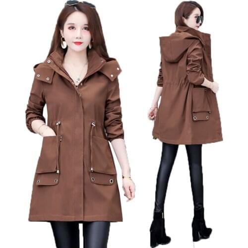 2021 Womens Windbreaker Mid-Length Hooded Overcoat Autumn Casual Jacket Women Spring Plus Size 5XL Outerwear Tops Coat Female