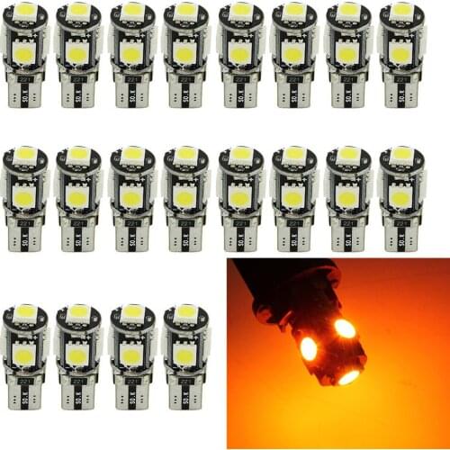 20PCS Yellow T10 W5W 5050 5SMD LED Canbus Error Free Bulbs For 192 168 194 Clearance Lamps License Plate Lights 12V