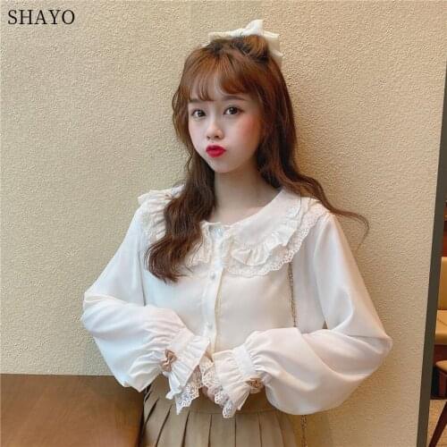 Japanese Lolita Style Spring Autumn Women Blouse Peter Pan Collar With Lace White Black Bow Blusa Cute Kawaii Sweet Girls Shirt