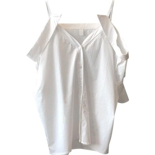 PERHAPS U Women Summer White One-Shoulder Sling Shirt Off-Shoulder V-Neck Single-Breasted Half-Sleeve Female Tops B3074
