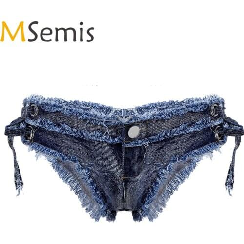 Women Denim Jeans Lace-Up Bikini Bottoms Fashion Summer Sexy Mini Shorts Rave Party Clubwear Stage Performance Dance Costume