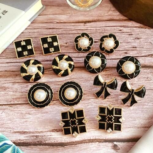 Black Enamel Earrings Pearls Elegant Vintage Stud Geometry Female Accessories