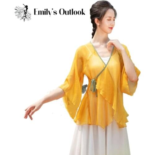 Women Classical Dance Practice Clothes Elegant Ancient Cloak Shirt Rhyme Gauze Top Folk Dance Costume Long Sleeve