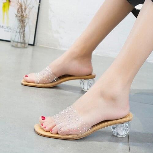 Transparent Ladies Slippers Slides 2021 New Summer Slippers Female Mules Thick Mid Heels Crystal Women Shoes Woman Plus Size
