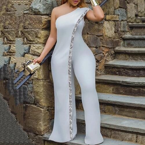 White One Shoulder Jumpsuits For Ladies Bodycon Floor Length Elegant 2021 Summer Evening Night Party Rompers & Jumpsuits Clothes