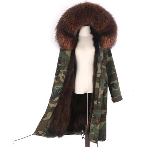 Woman Raccoon Fur Lining real jacket coat X-Long Natural Color fur parka 2021 winter big fur collar thick parka